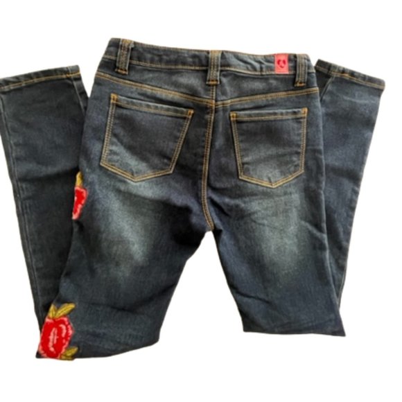 Girls Denim Pants with Red Roses Ripped Jeans Adjustable Inner waistband Size 10 - Picture 3 of 6